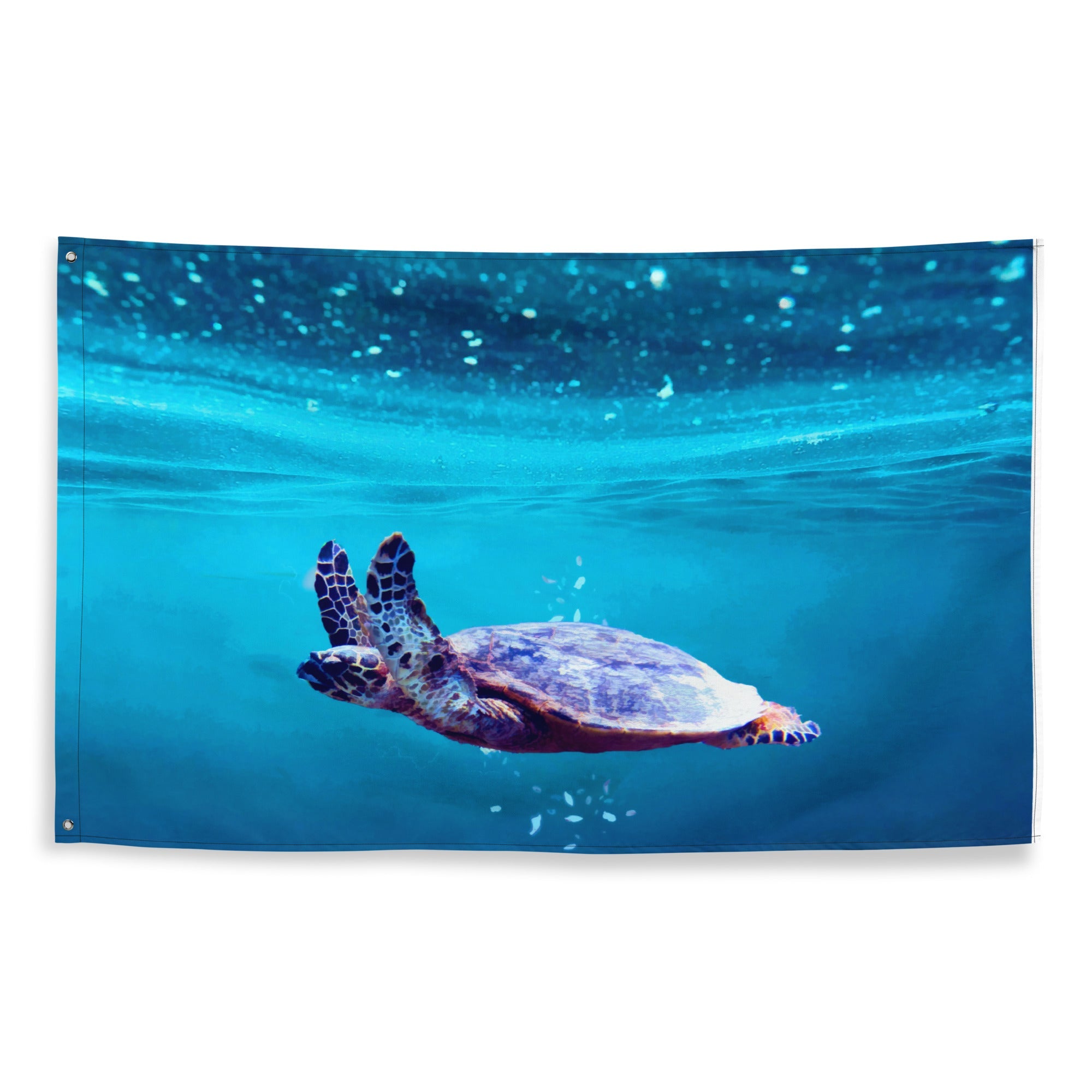 Tapestry with a turtle swimming underwater on a blue background