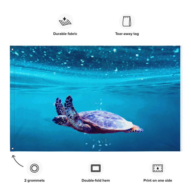 Fabric with a turtle design underwater, featuring durability and print quality icons.
