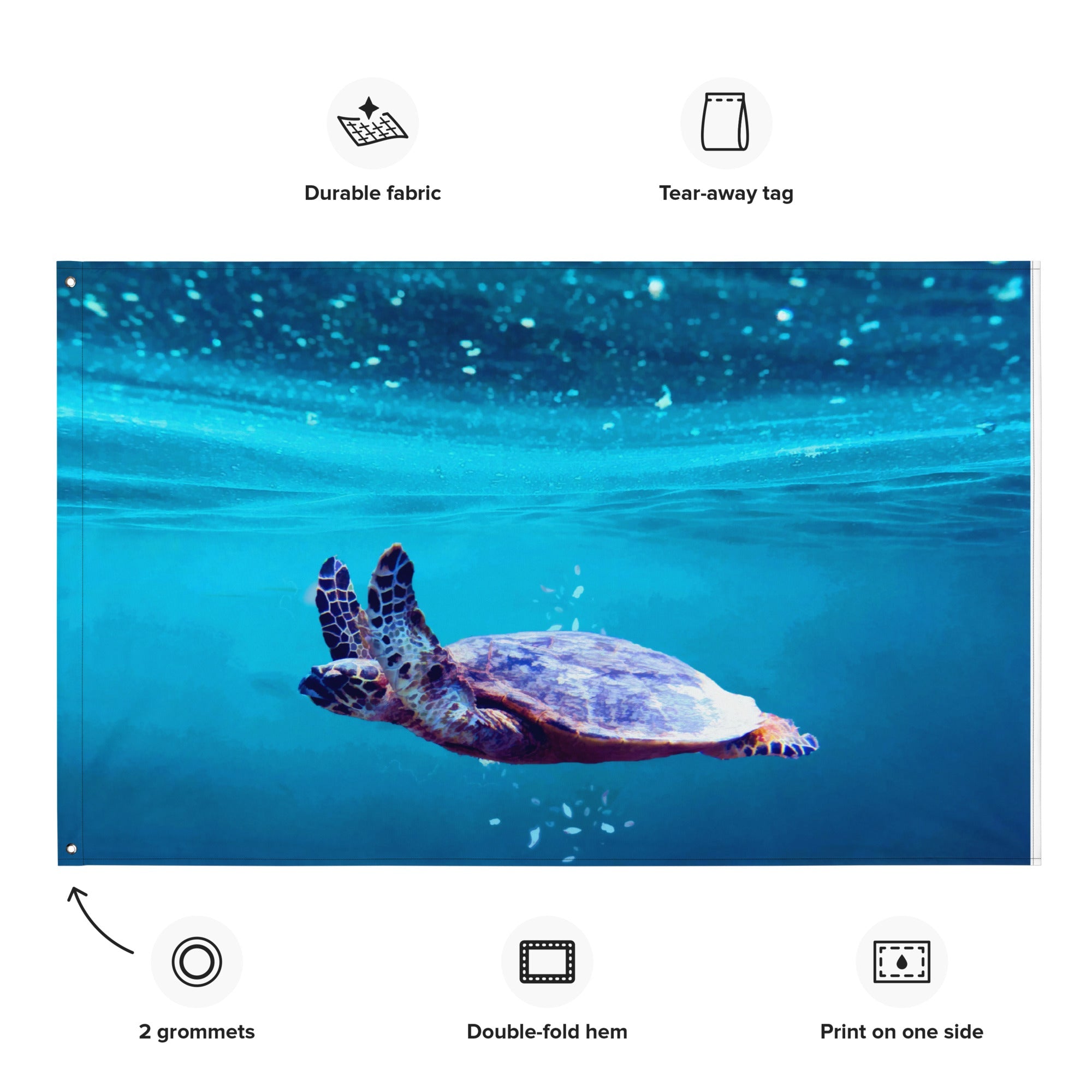 Fabric with a turtle design underwater, featuring durability and print quality icons.