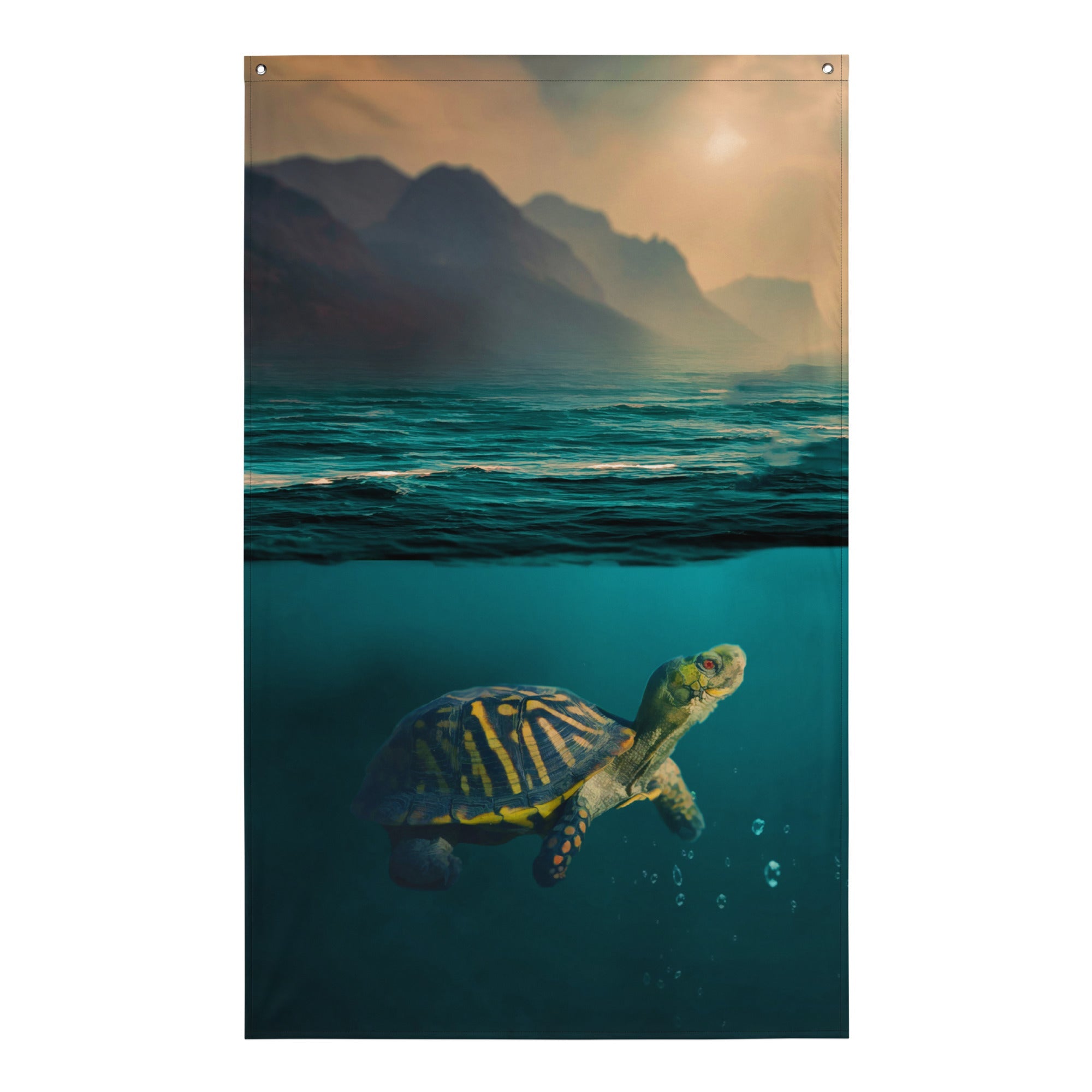 Turtle swimming in clear blue water with mountains in the background