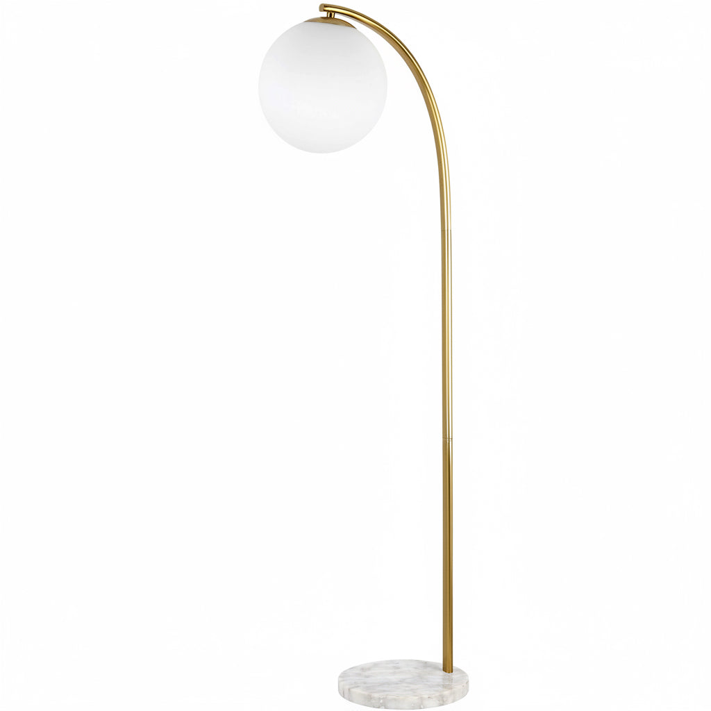 Floor lamp with gold arch and white globe shade on a white background