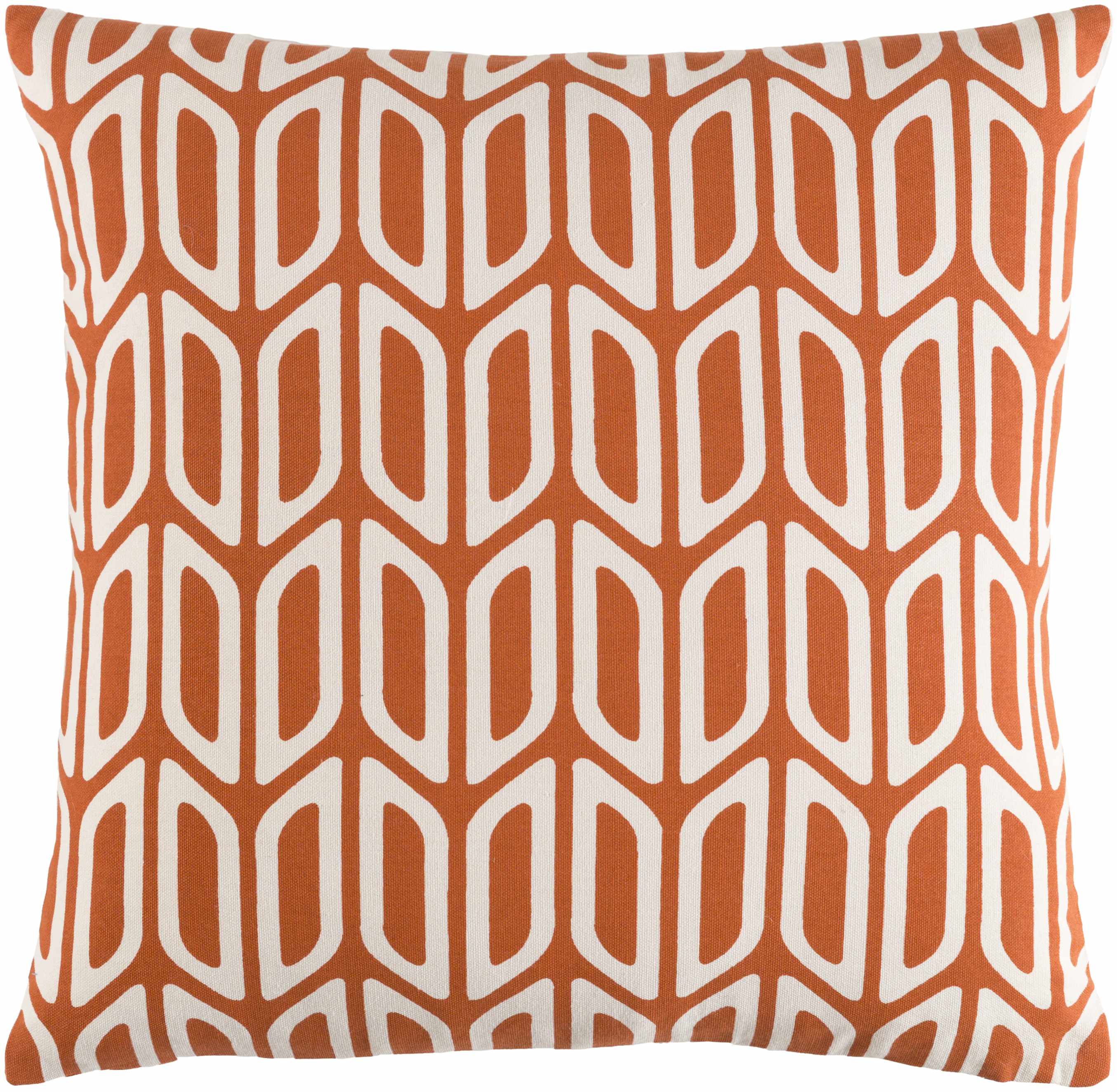 Decorative pillow with orange and white geometric pattern on a white background