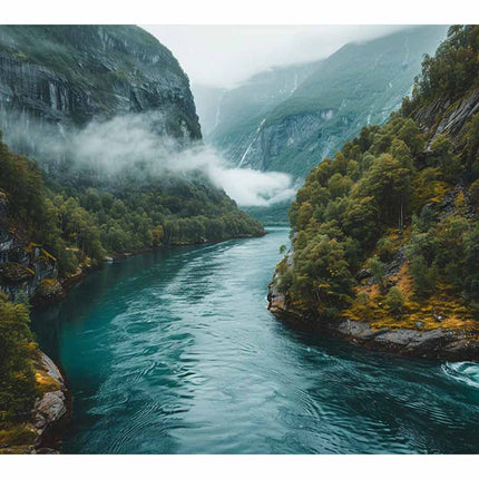 Majestic landscape of a river flowing through a valley with lush greenery and misty mountains.