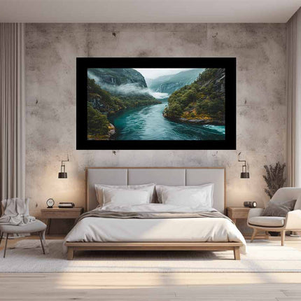 Modern bedroom with a large framed landscape print on the wall.
