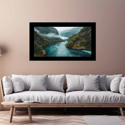 White sofa in a living room with a scenic wall art of a river and mountains.