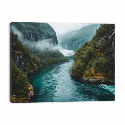 Canvas print of a mountainous landscape with a river and misty weather.