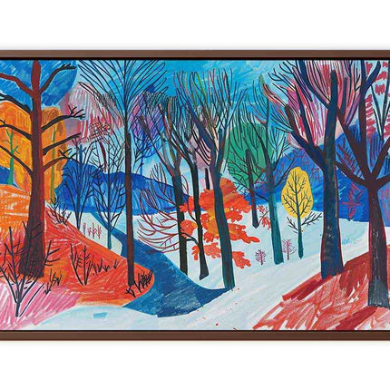 Colorful forest painting with a wooden frame on a white background