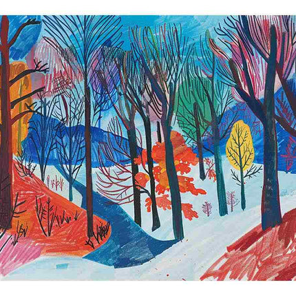 Colorful winter landscape with trees and a stream on a white background