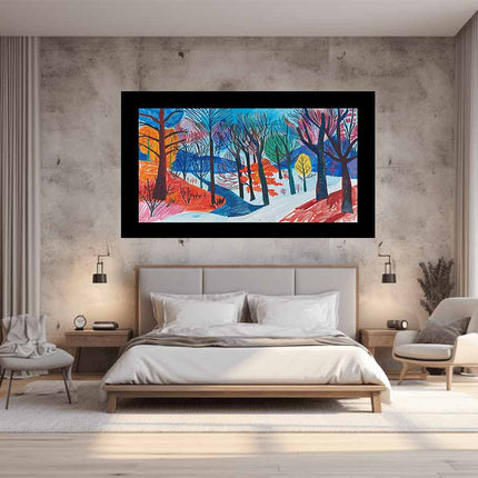 Modern bedroom with a colorful abstract painting on the wall