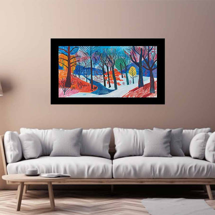 Colorful abstract painting on a wall above a white sofa in a living room.