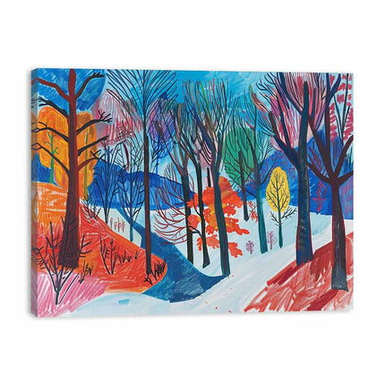 Colorful painting of a winter landscape with trees and snow
