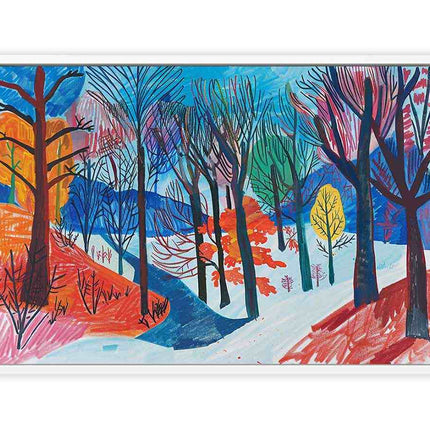 Colorful abstract landscape with trees and a stream on a white background