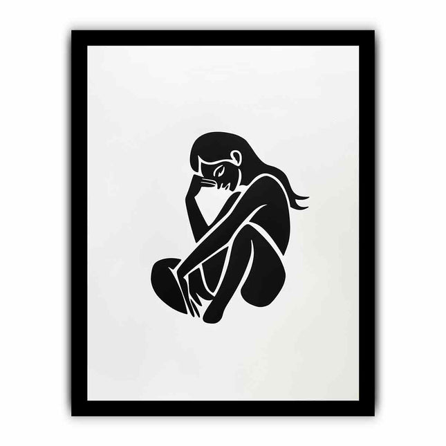 Framed artwork of a black line drawing of a person sitting with their head in their hands on a white background.