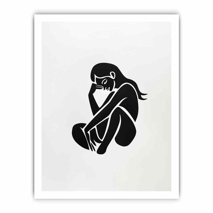Black silhouette of a sitting figure on a white background