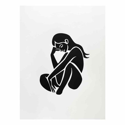 Black silhouette of a person sitting with head in hands on a white background