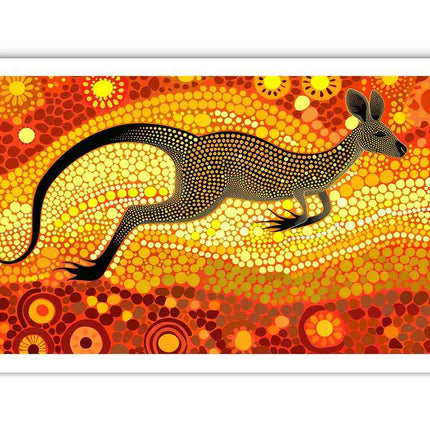 Abstract artwork of a kangaroo with circular patterns in orange, red, and yellow.