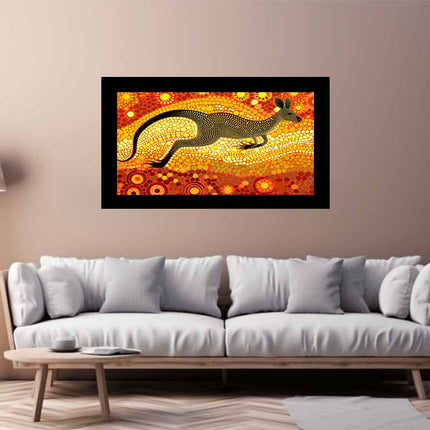Framed artwork of a kangaroo on a wall above a white sofa in a living room.