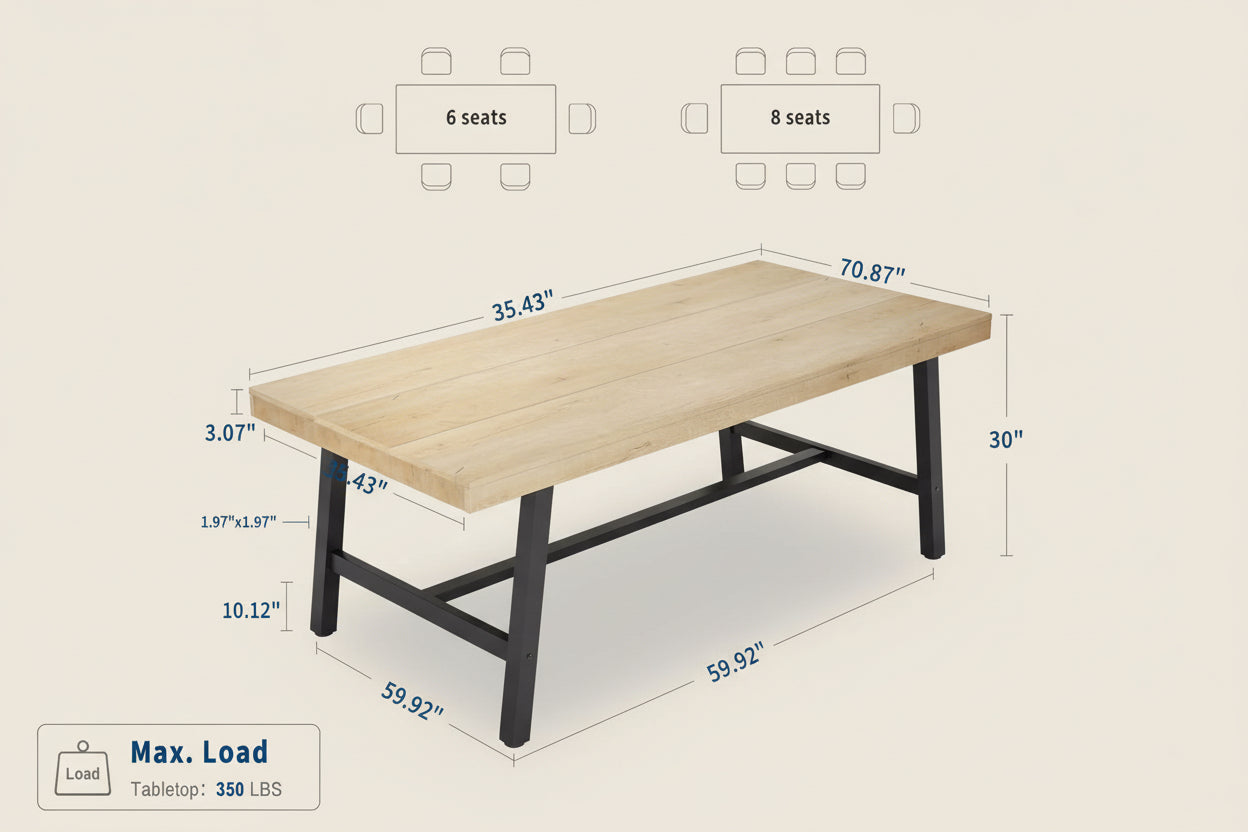 Wooden table with dimensions and seating capacity indicators on a white background