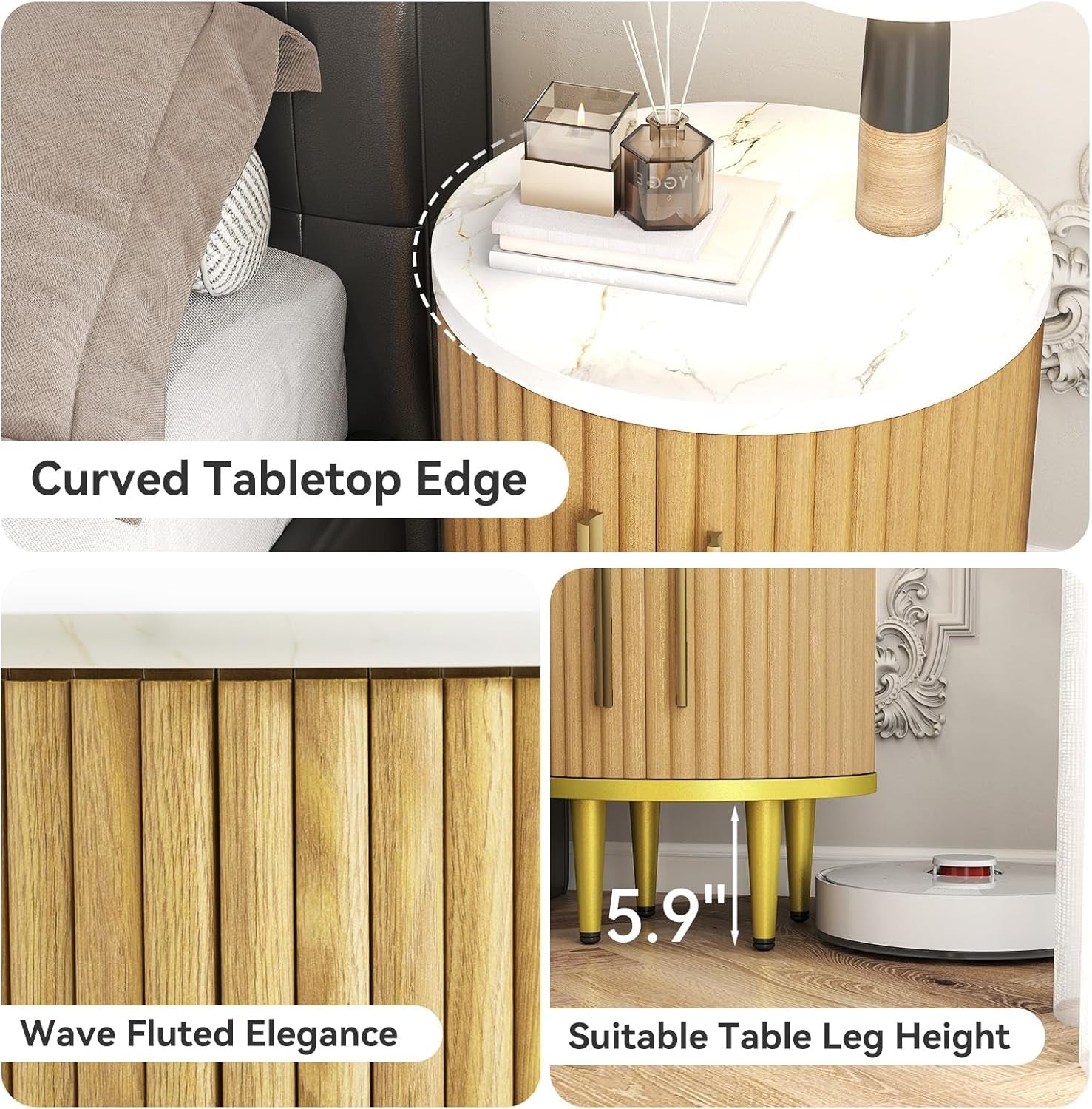 Round wooden side table with curved tabletop edge and wave fluted design, shown in a bedroom setting.