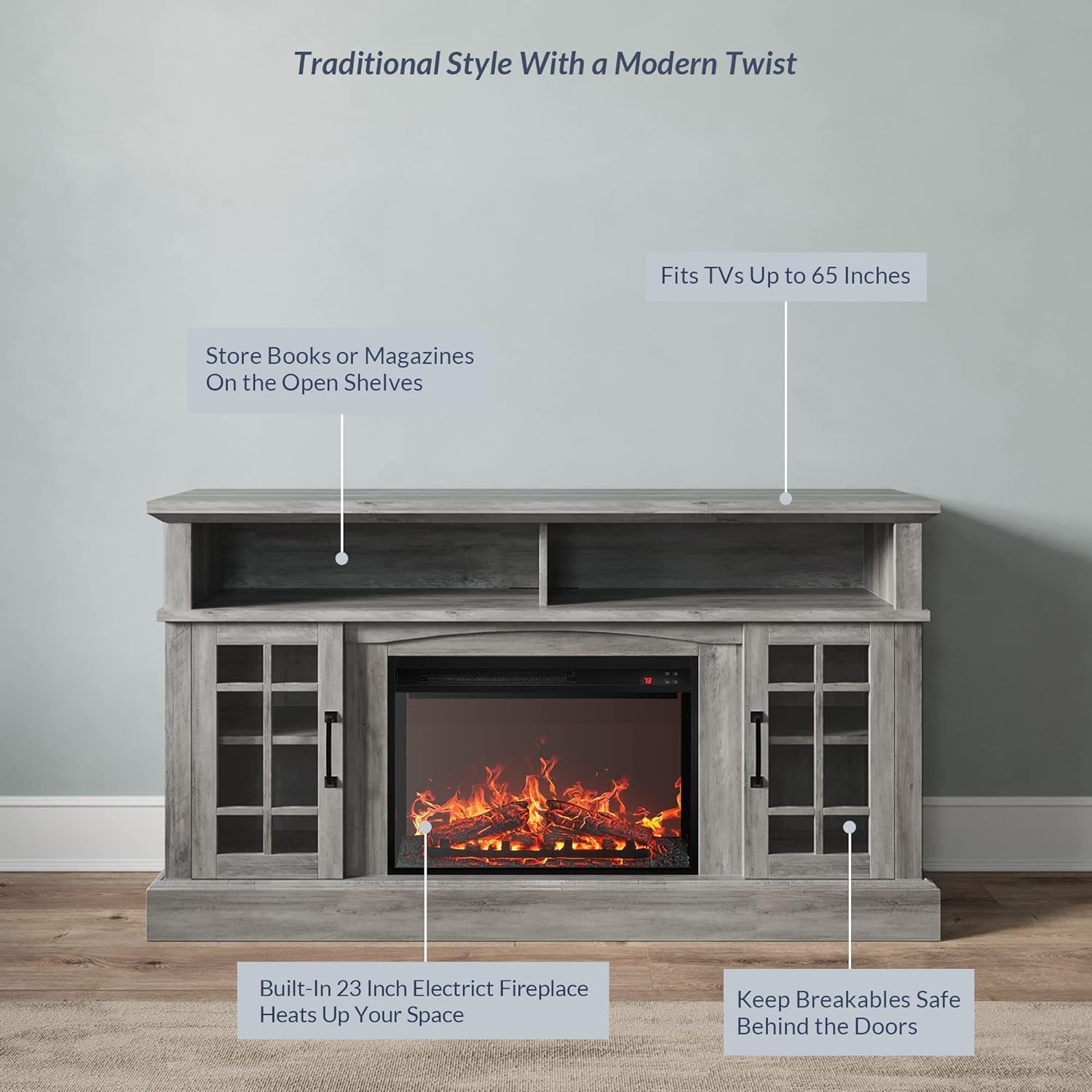 Gray TV stand with electric fireplace and features highlighted on a gray background