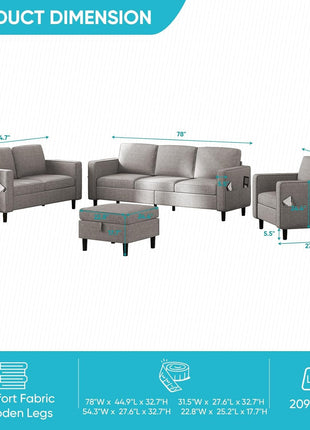 6 Seaters Sectional Upholstered Sofa, Linen Fabric Sofa Couch with Side Pockets, Free Combination Sofa Set with Movable Storage Ottoman, for Living Room-Sofa&Loveseat&Chair&Ottoman,Light Grey