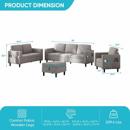 Light Grey Linen 6-Seater Modular Sectional Sofa, Side Pockets, Movable Storage Ottoman