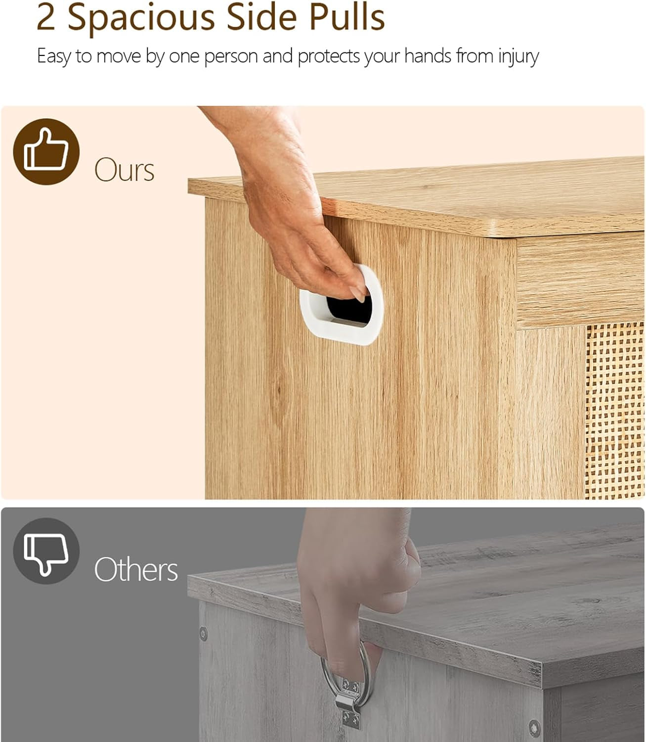 Comparison of spacious side pulls on a wooden cabinet, with 'Ours' being easier to use.