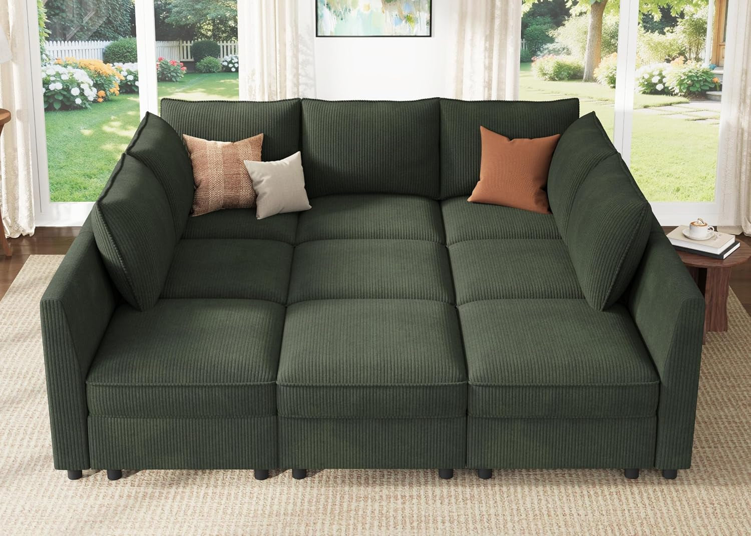 Green sectional sofa with cushions in a living room setting