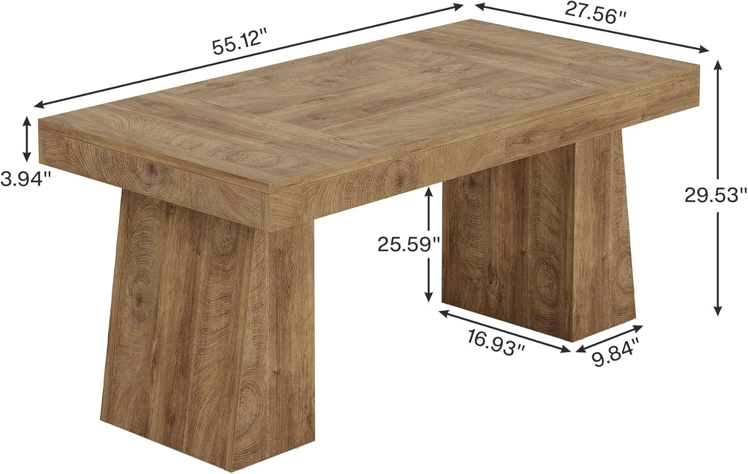 Wooden table with dimensions labeled on a white background