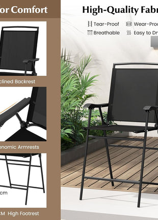 3 PCS Patio Table and Chairs Set, Bistro Furniture with DPC Tabletop, Umbrella Hole, Outdoor Bar Set with round Table and 2 Folding Counter Height Chairs for Poolside, Deck, Porch, Black-4