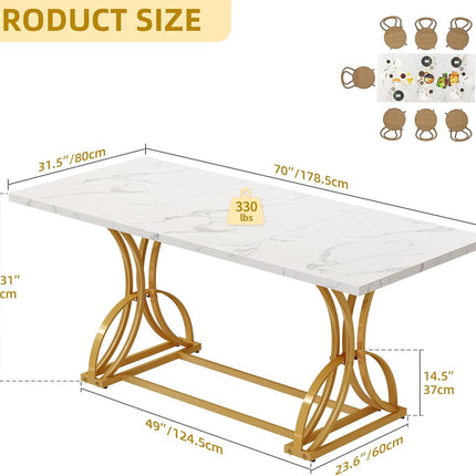 70.3" Large Modern Dining Table for 6-8 People Rectangular White Kitchen Dining Room Table with Faux Marble Tabletop and Gold Geometric Metal Legs Farmhouse Wood Dinner Tables, White and Gold-1