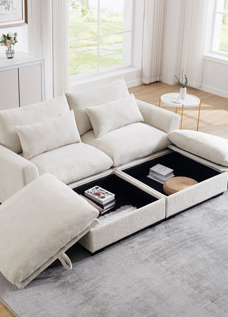 Corduroy Two-Seater Sofa with 2 Storage Footrest, 2 Seater Sectional  deep seat sofa,Comfy Couches for Living Room ,Beige Sofa-0