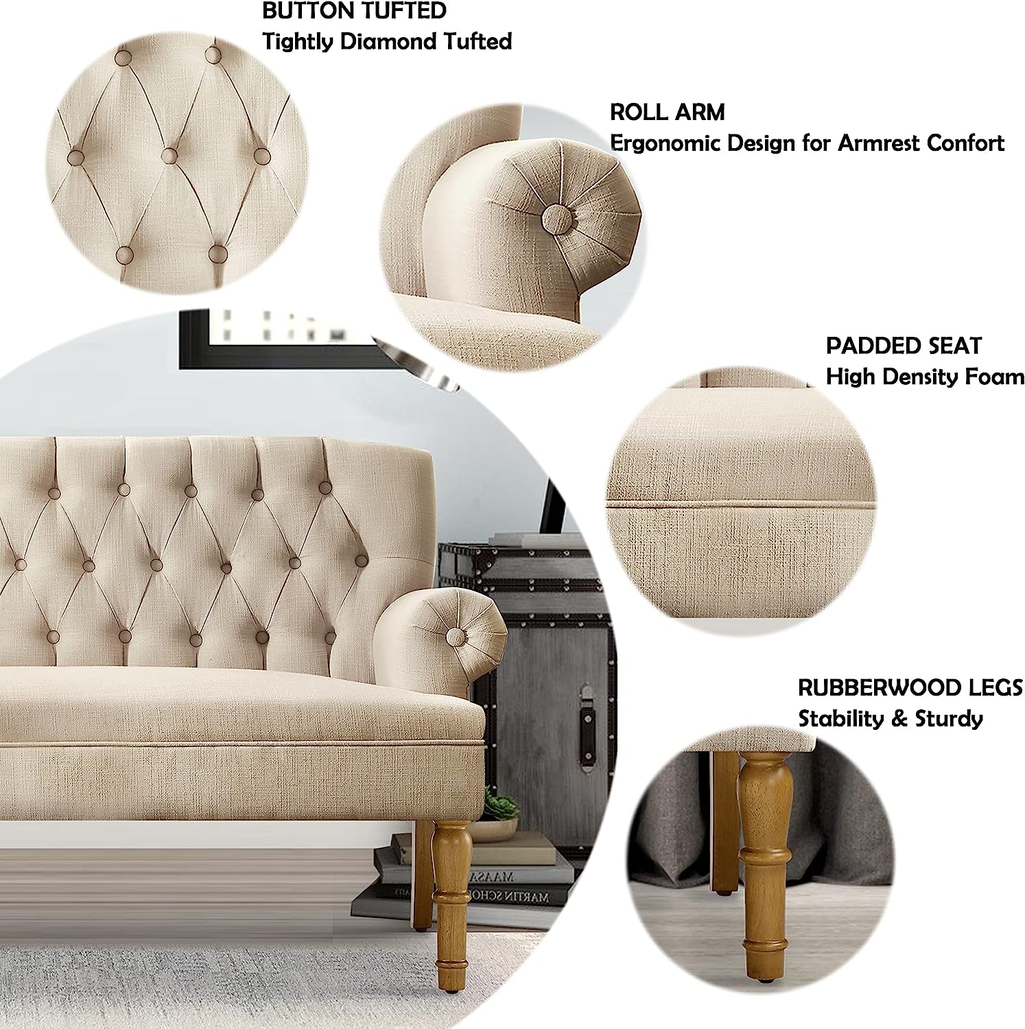 Beige armchair with detailed features labeled on a white background