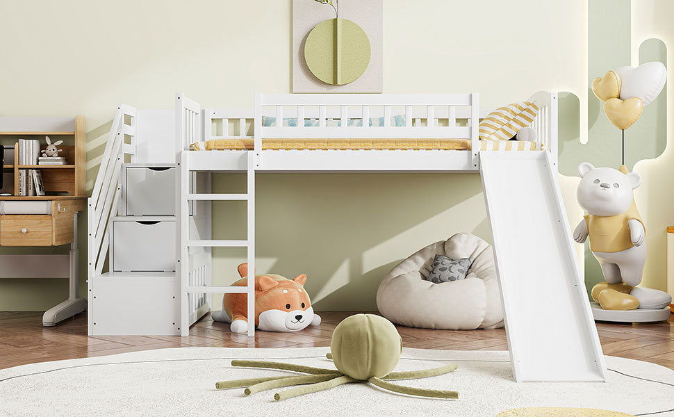 Stairway Twin Size Loft Bed with Two Drawers and Slide