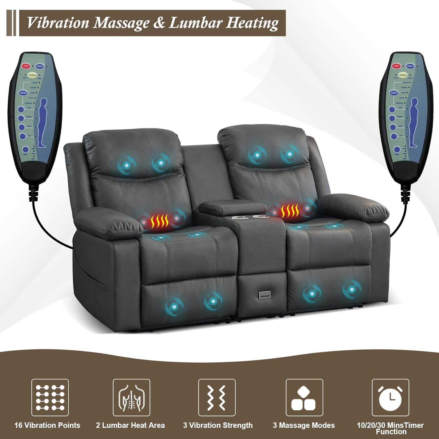 Gray massage recliner with vibration and lumbar heating features on a white background