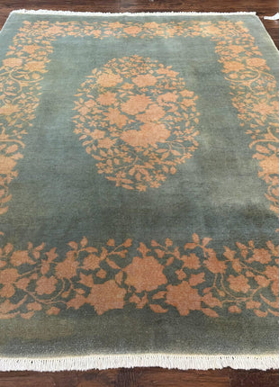 Teal Chinese Wool Rug 6x8, Vintage Handmade Carpet, Floral, Semi Open Field-0