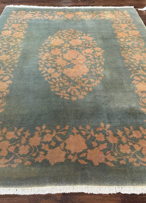 Teal Chinese Wool Rug 6x8, Vintage Handmade Carpet, Floral, Semi Open Field-0