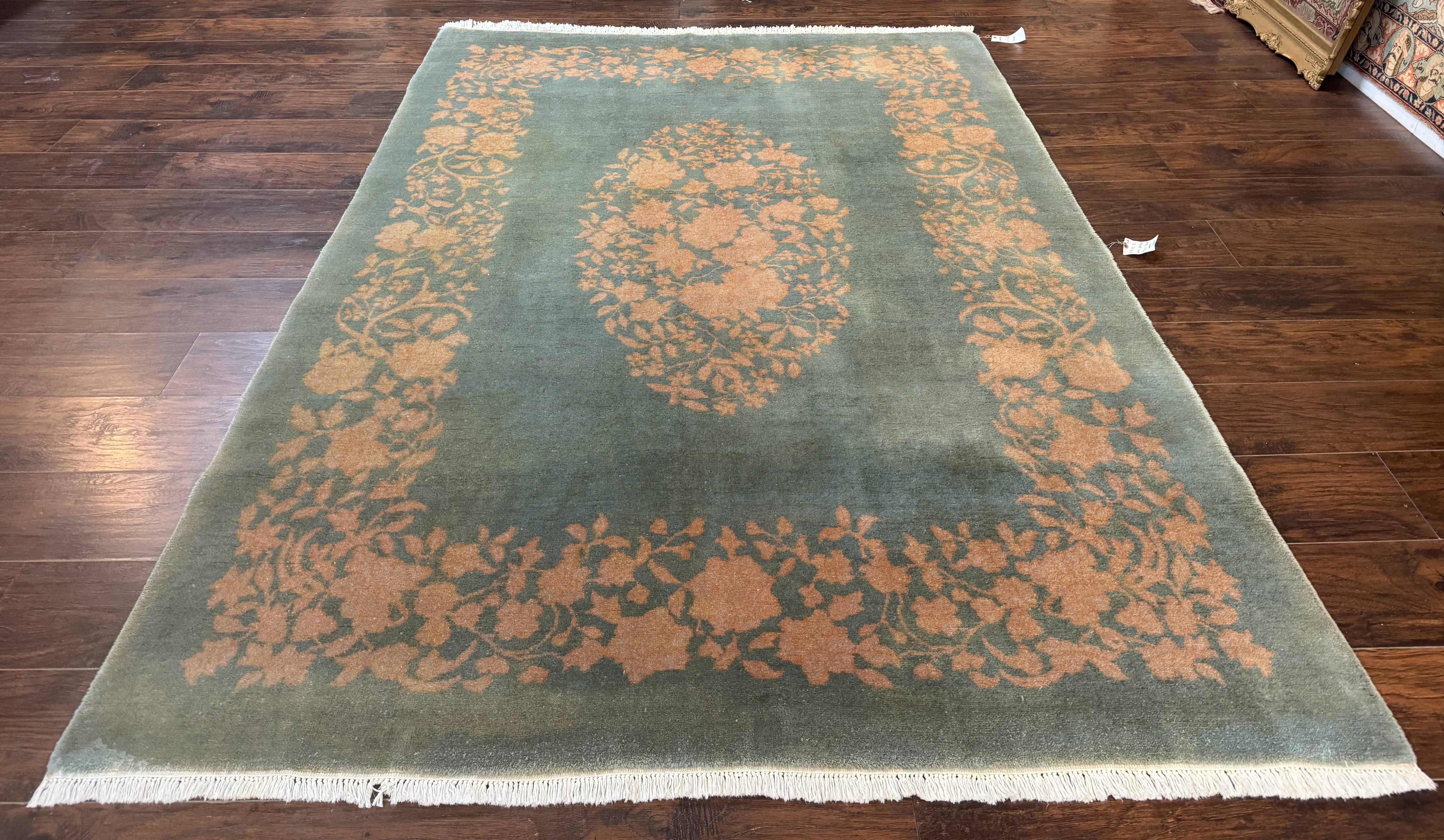 Teal Chinese Wool Rug 6x8, Vintage Handmade Carpet, Floral, Semi Open Field-0