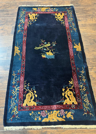 Antique Chinese Peking Rug 3x6, Dark Blue, Bird Motif, Handmade Wool Art Deco Asian Oriental Carpet, Pair B-0