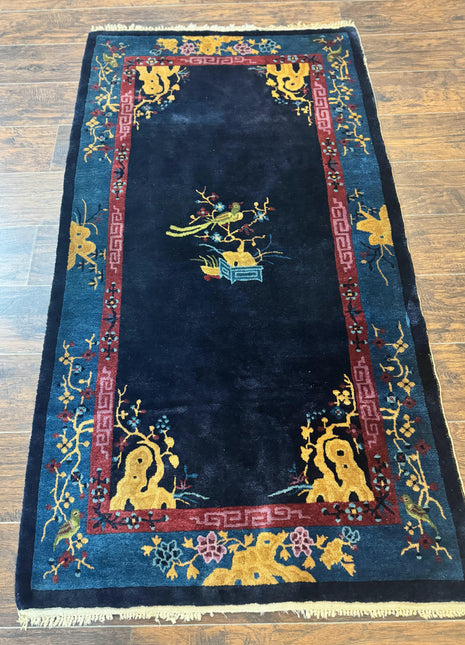 Antique Chinese Peking Rug 3x6, Dark Blue, Bird Motif, Handmade Wool Art Deco Asian Oriental Carpet, Pair B-0