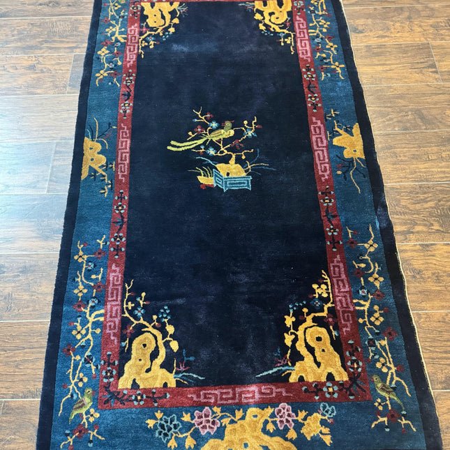 Antique Chinese Peking Rug 3x6, Dark Blue, Bird Motif, Handmade Wool Art Deco Asian Oriental Carpet, Pair B-0