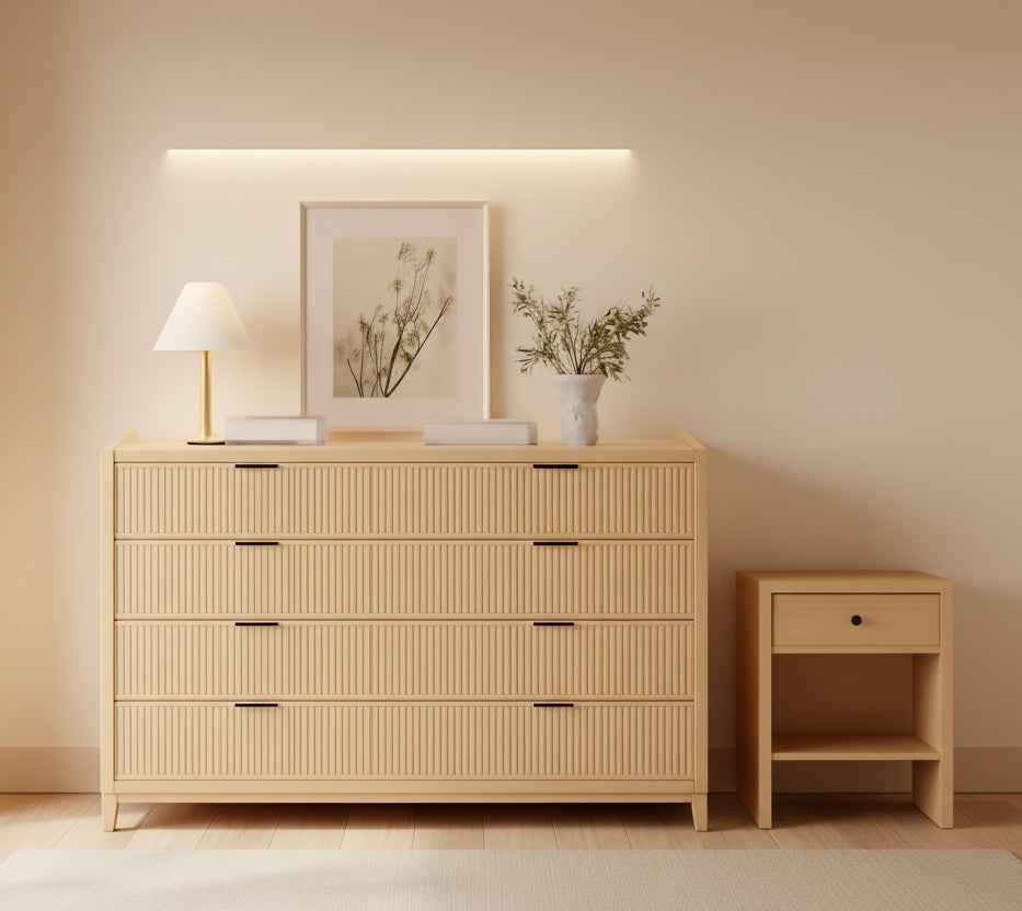 Wooden dresser with decorative items against a peach-colored wall