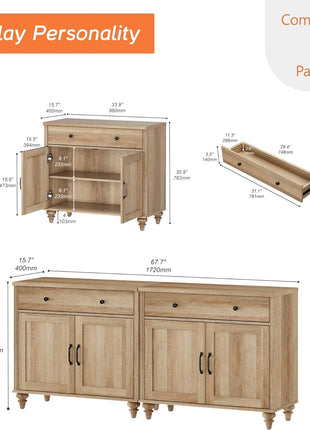 WAMAPT Buffet Cabinet with 4 Doors and 2 Drawers, Large Coffee Bar Tables Wood Kitchen Storage Cabinets with Storage Cabinets, Modern Farmhouse Sideboard Credenza for Dining Room, Oak, 68 Inch-1