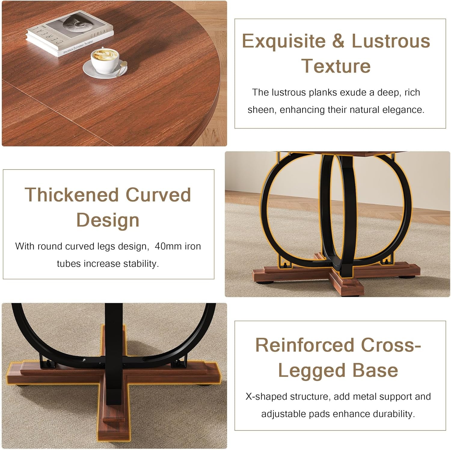 Wooden table with text highlighting features like texture, design, and base structure.