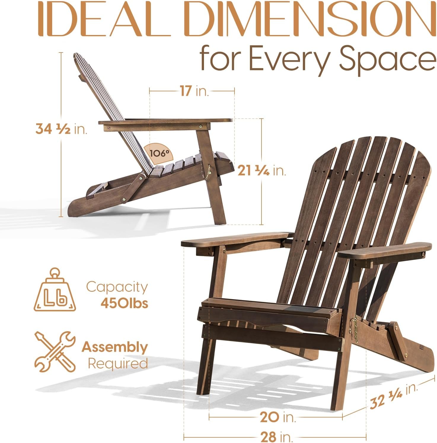 Wooden chair with dimensions and assembly information on a white background