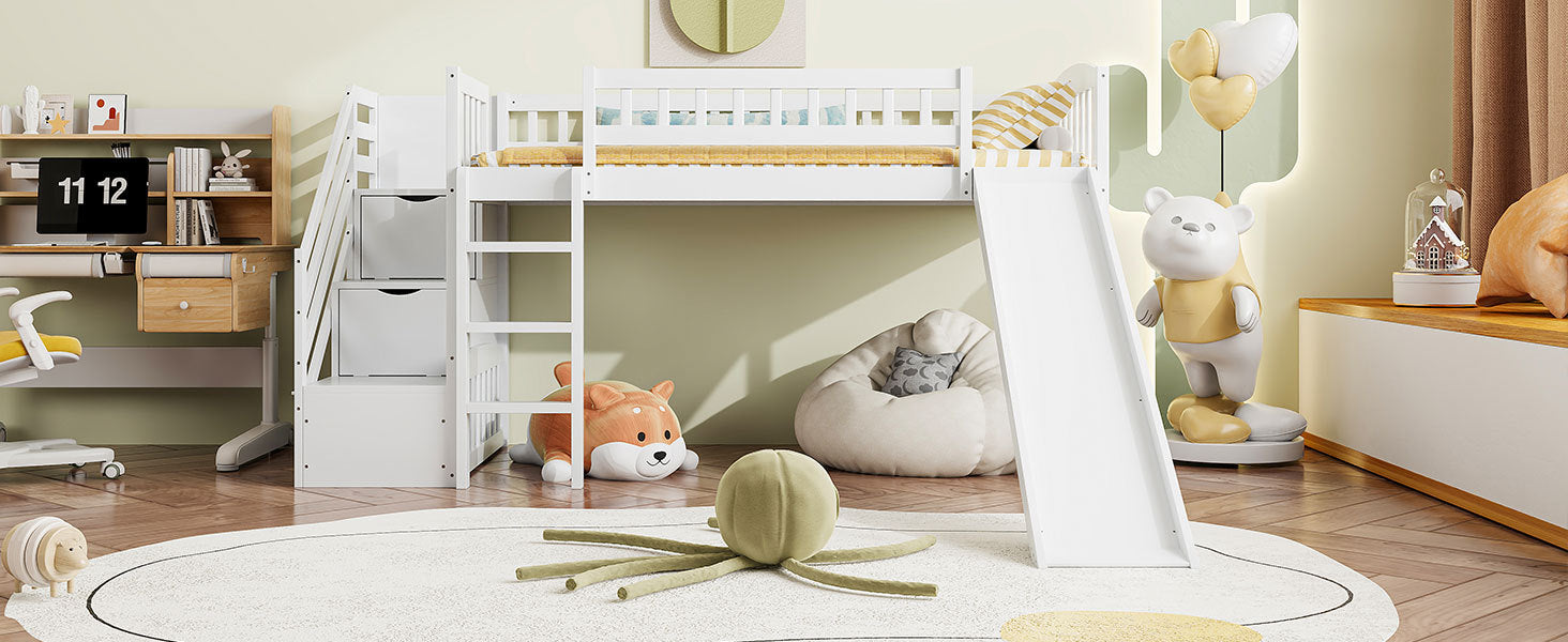 Stairway Twin Size Loft Bed with Two Drawers and Slide