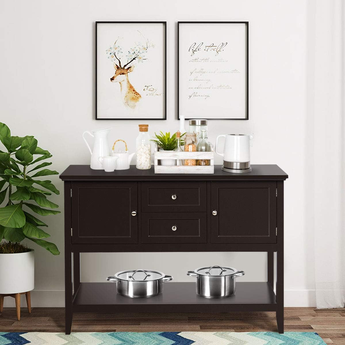 Coffee Brown Wood Buffet Server with Cabinets