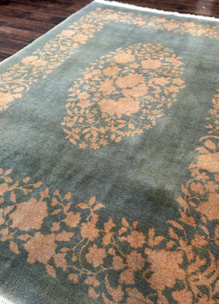Teal Chinese Wool Rug 6x8, Vintage Handmade Carpet, Floral, Semi Open Field-1