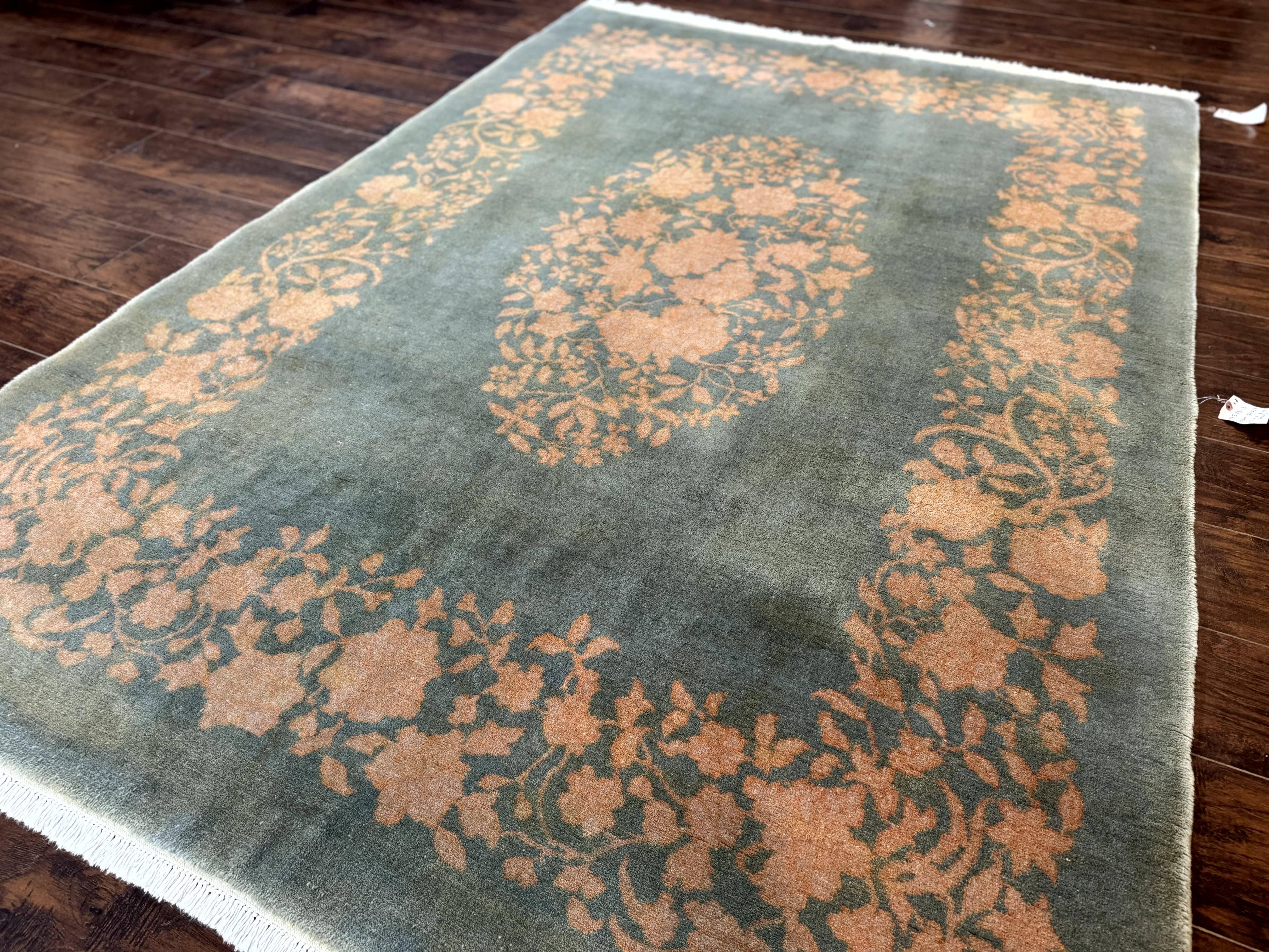 Teal Chinese Wool Rug 6x8, Vintage Handmade Carpet, Floral, Semi Open Field-1