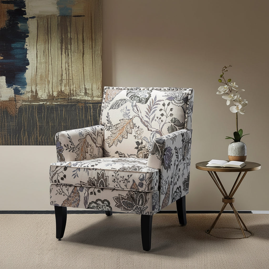 Floral patterned armchair with decorative elements highlighted on a neutral background